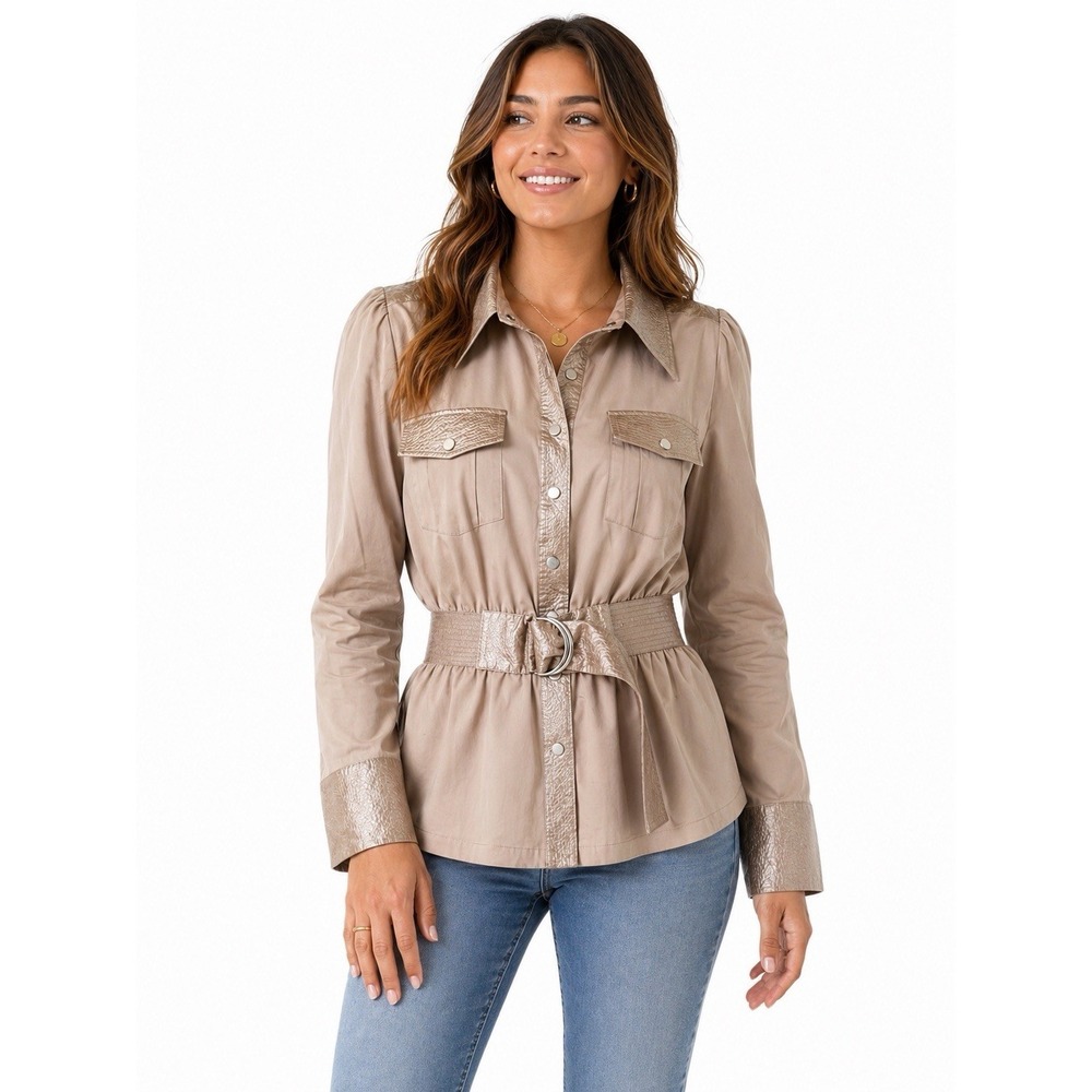 Vertigo Paris Womens Shirt Size Small Beige Belted Utility Safari Top